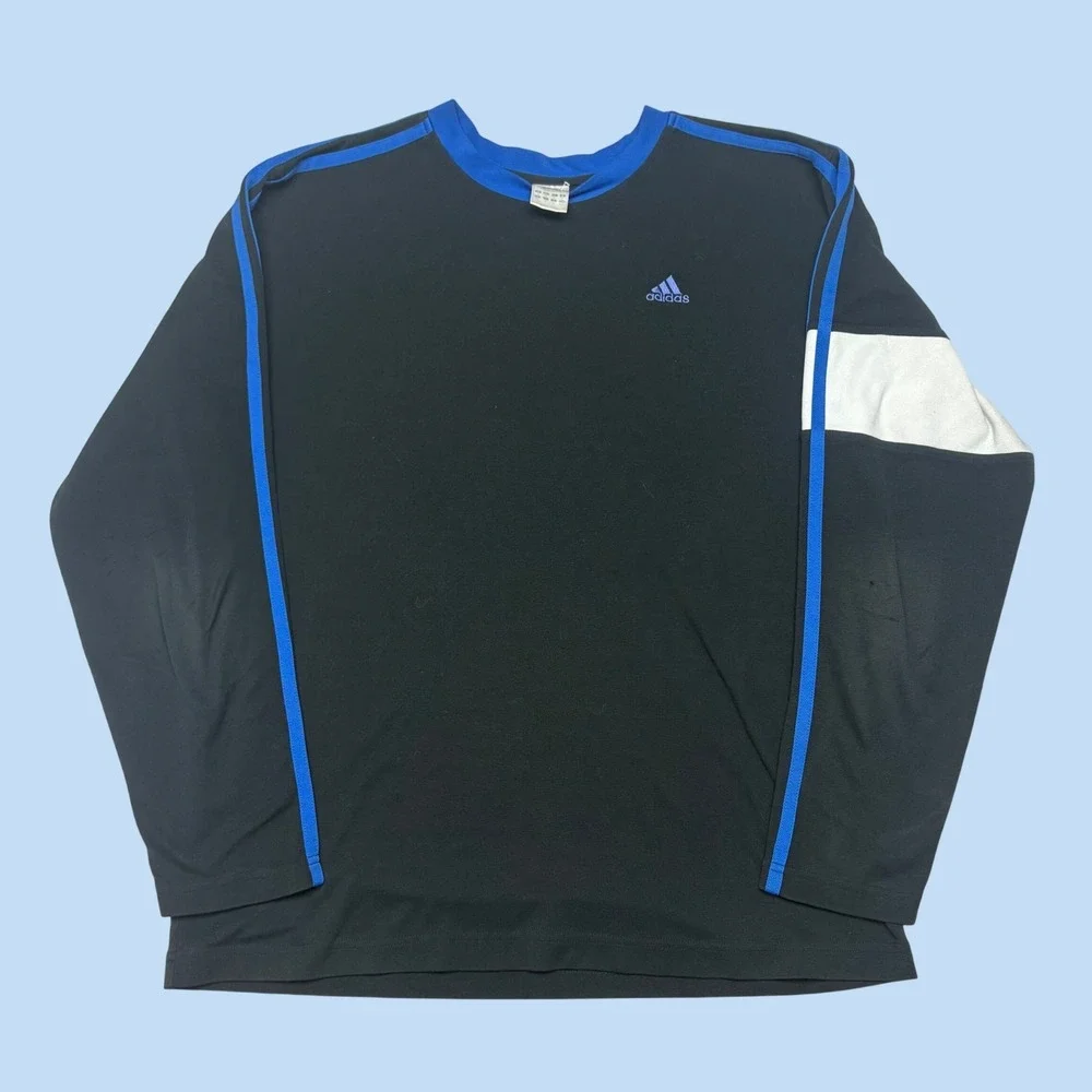 Adidas Mens Long Sleeve Shirt Black Blue White Athletic Crew Neck 1476